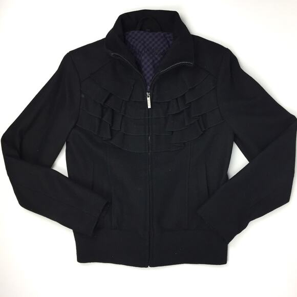 Steve Madden Black Ruffle Wool Bomber Jacket Med - Picture 1 of 8